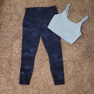 Navy Blue Patterned Leggings With Light Blue Sports Bra